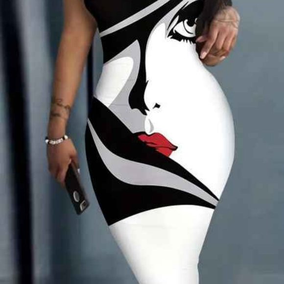 Sexy Sleeveless Bodycon Dress Size Large 8/10 Face Print Pattern Black & White - Picture 2 of 6